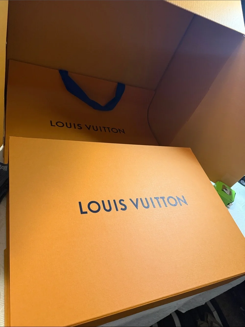 Louis Vuitton Orange Gift Bag with Blue Ribbon Handle and Box Set.